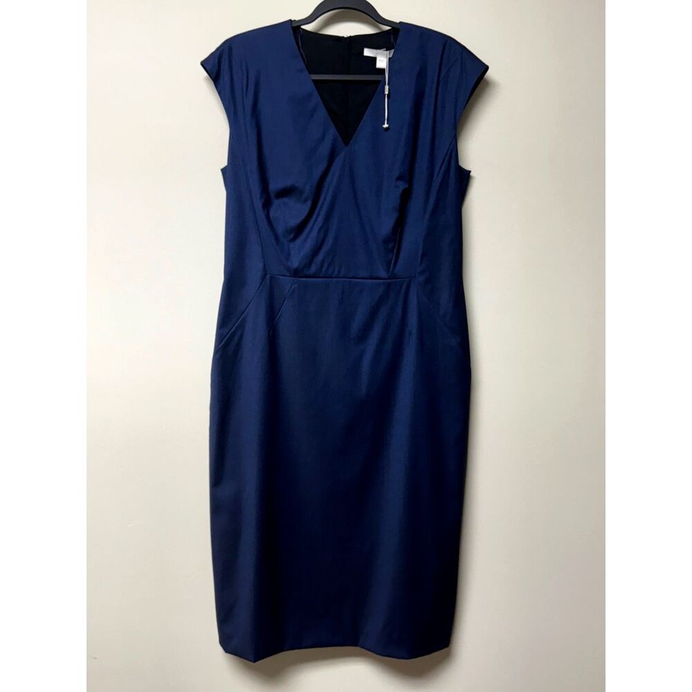NWOT - HUGO BOSS Navy Sheath Dress Seam Detail V-Neck, Sz 10